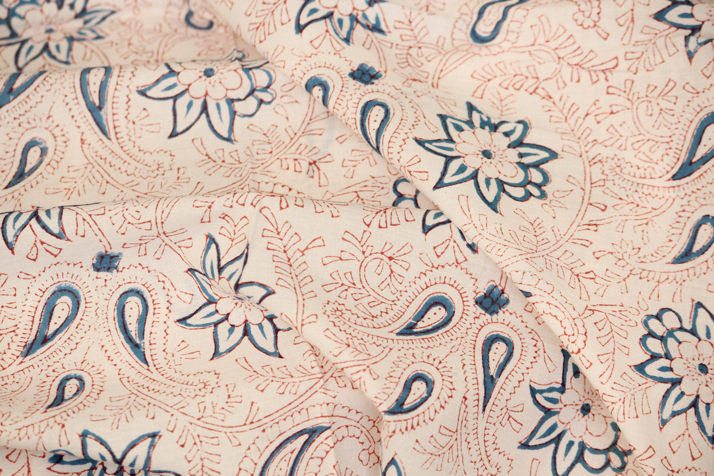 1 yard-Off-white and delicate red paisley hand block printed cotton fabric - blue floral cotton fabric by the yard
