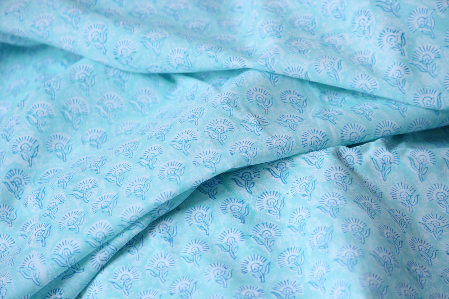 1 yard- Aqua blue ditsy print hand block printed cotton fabric by the yard-Sea blue cotton fabric- turquoise blue hand printed cotton