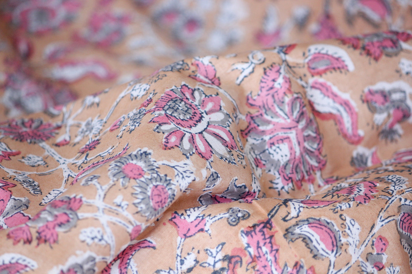 1 yard-Ochre orange with rose pink floral hand block printed cotton fabric by the yard-brown orange natural flower printed fabric