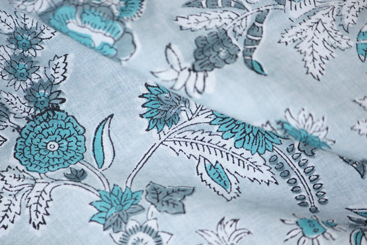 1 yard-Floral green cotton monotone print with dark green flowers and off-white and grey foliage hand block printed fabric