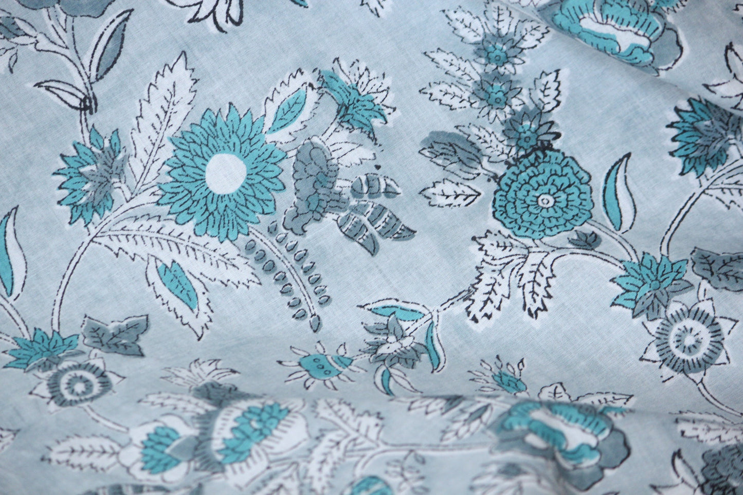 1 yard-Floral green cotton monotone print with dark green flowers and off-white and grey foliage hand block printed fabric