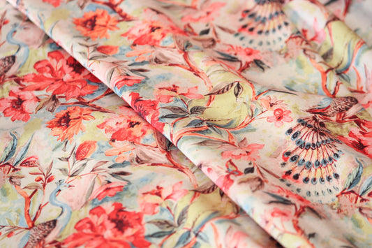 1 yard-Orange and green luxurious satin charmeuse fabric with bird and flowers-lime green, bright orange, sky blue, cream florals