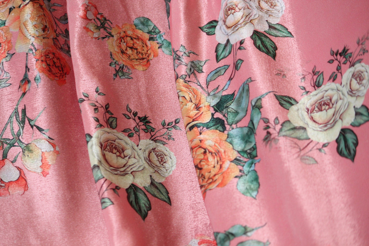 1 yard-Candy pink velvet with light orange yellow and cream roses printed velvet fabric-floral print orange roses on bright pink fabric