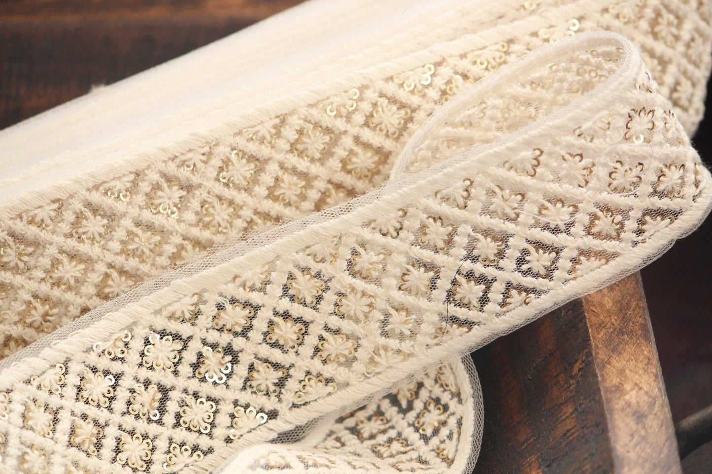 1 yard ribbon-Ivory tulle base with cream thread embroidery and gold sequin highlights dyeable embroidery ribbon- gift wrap-wedding ribbon