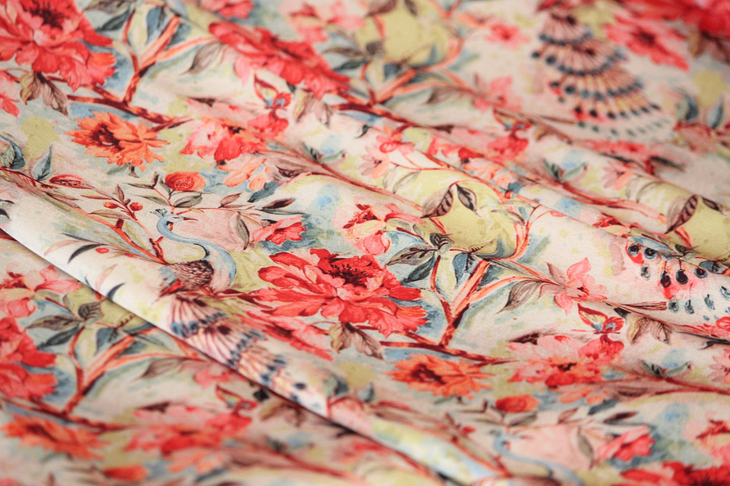 1 yard-Orange and green luxurious satin charmeuse fabric with bird and flowers-lime green, bright orange, sky blue, cream florals