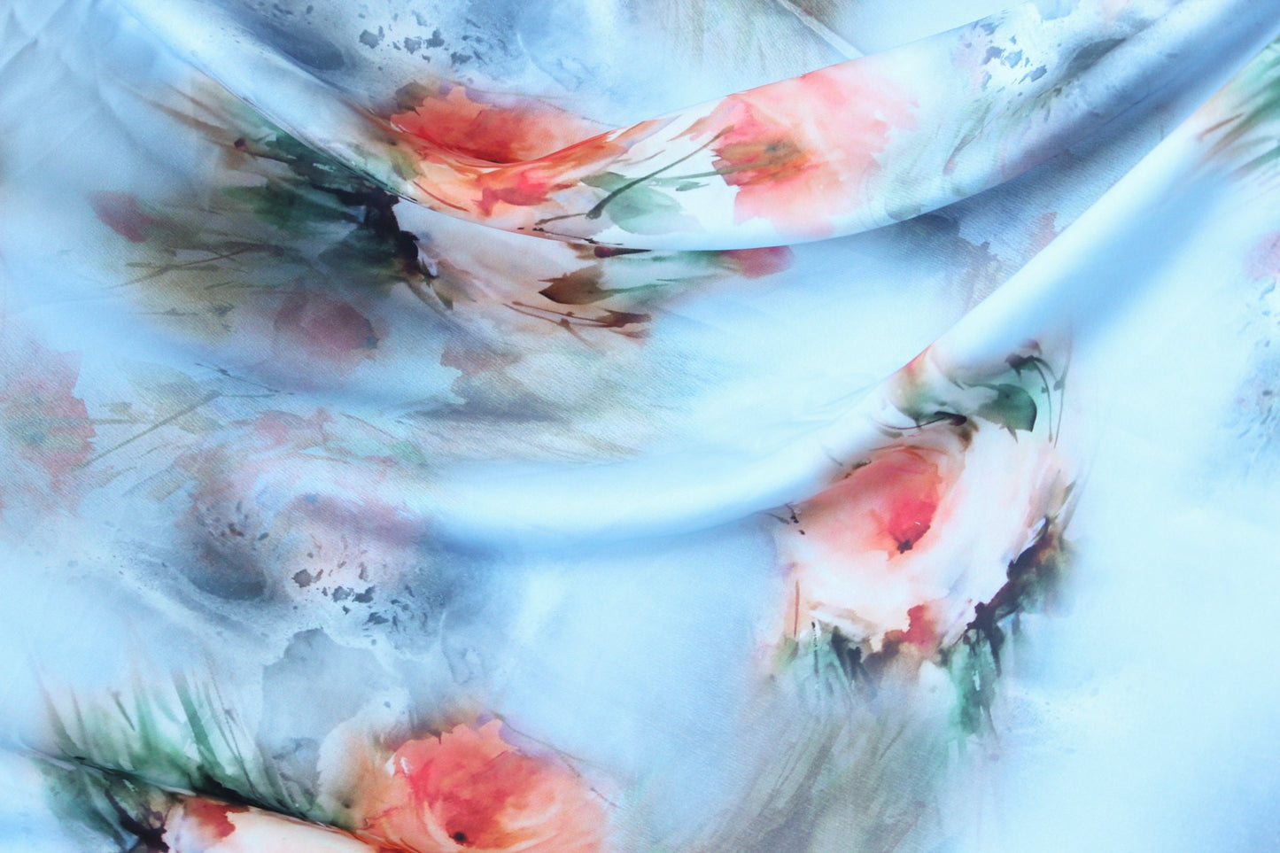 1 yard-Gray Blue satin charmeuse fabric with red and pink watercolor look-floral printed satin fabric-bridal blue gray red floral fabric