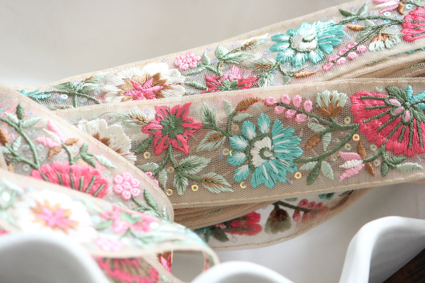 1 yard-pastel flower thread embroidery on mesh nude ribbon-aqua, pink, red, green, brown and sequin highlights, decorative ribbon