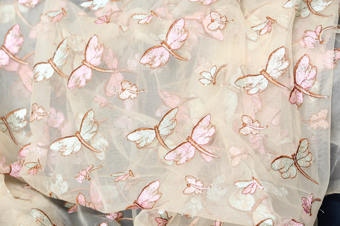 1 yard-Mesh tulle embroidery fabric dragonfly with sequin embroidery-kids mesh fabric-pink and blue dragonfly embroidery