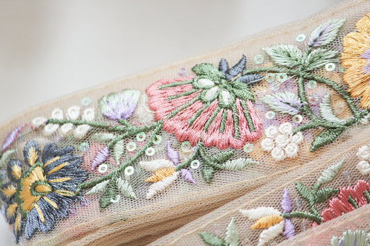 1 yard-pastel floral thread embroidery mesh nude ribbon-dusty pink, yellow, pastel blue gray-sequin highlights, decorative floral ribbon