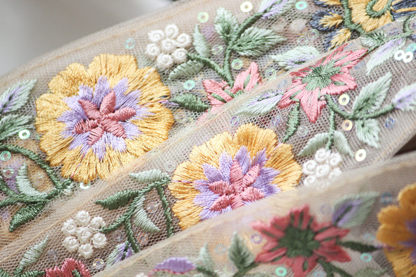 1 yard-pastel floral thread embroidery mesh nude ribbon-dusty pink, yellow, pastel blue gray-sequin highlights, decorative floral ribbon