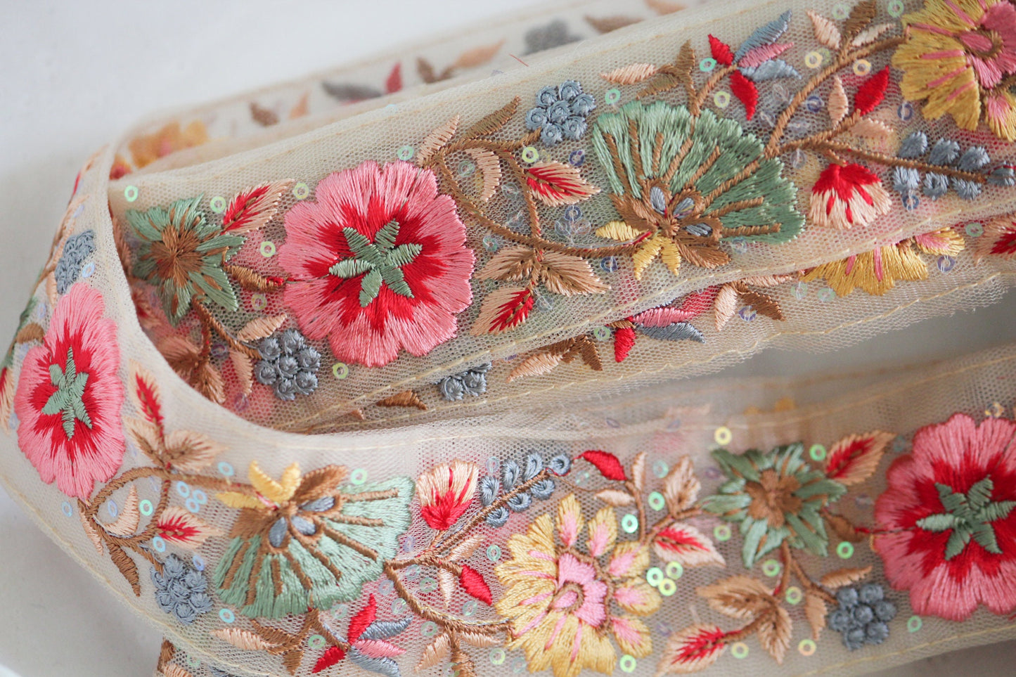 1 yard-pastel spring flower thread embroidery on mesh nude ribbon-rose pink, aqua green, blue, yellow-sequin highlights, decorative ribbon