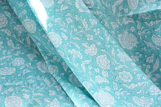 1 yard-Aqua blue green floral vines hand printed cotton fabric-off white floral print turquoise blue green florals