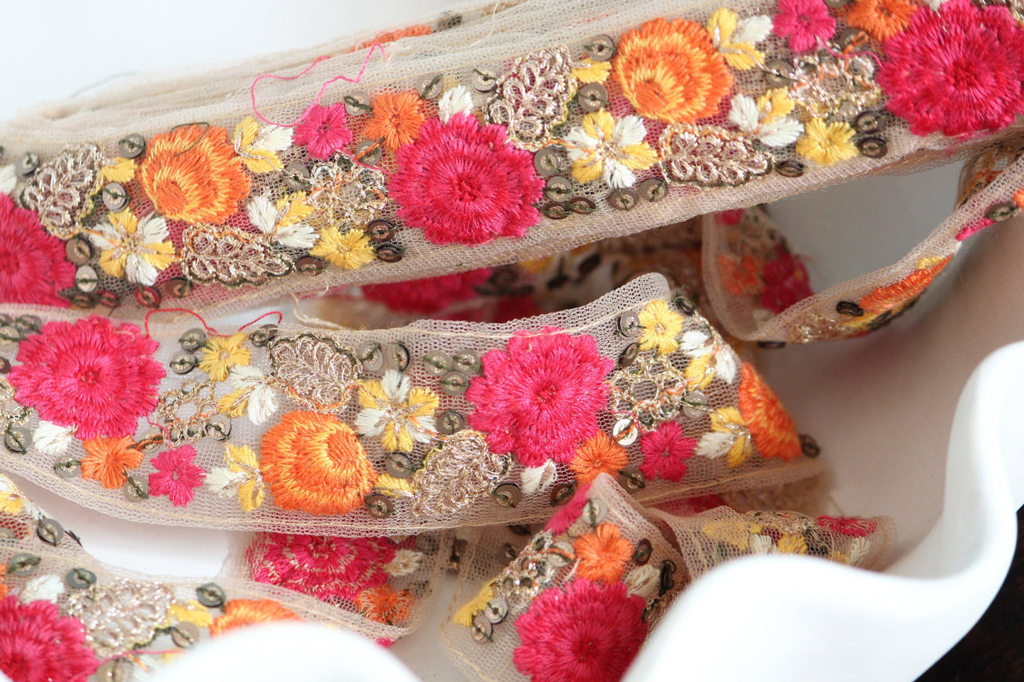 1 yard-Rose orange yellow floral ribbon embroidered mesh- Indian embroidery ribbon-bouquet wrap-flower wedding ribbon