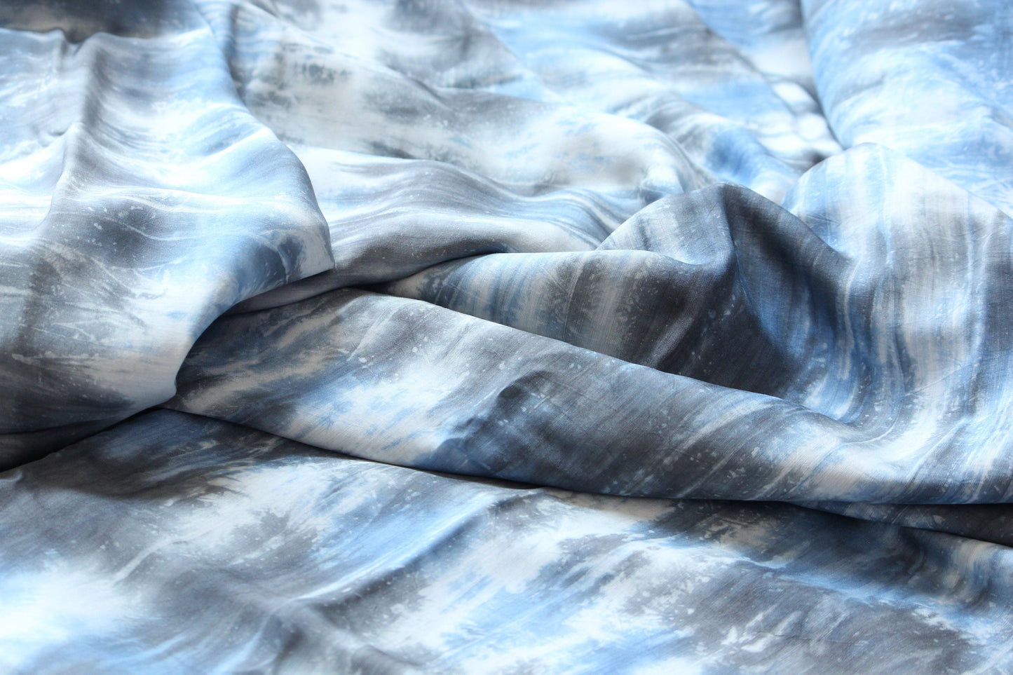 1 yard-Ice Blue and gray matte satin charmeuse- sky blue and grey tie dye effect satin fabric-abstract print white gray blue fabric