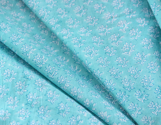 1 yard-Aqua blue green small floral vines hand printed cotton fabric-off white ditsy floral print turquoise blue green florals