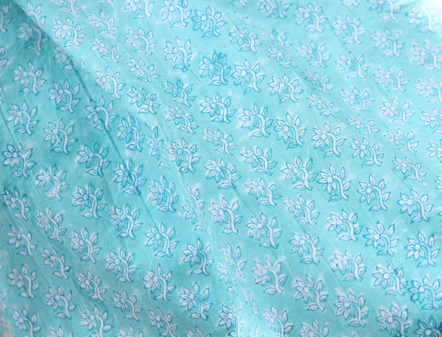 1 yard-Aqua blue green small floral vines hand printed cotton fabric-off white ditsy floral print turquoise blue green florals