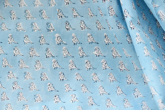 1 yard-Sky Blue bird motif hand printed cotton fabric by the yard-parrot bird ditsy print in light blue-small white bird motif print