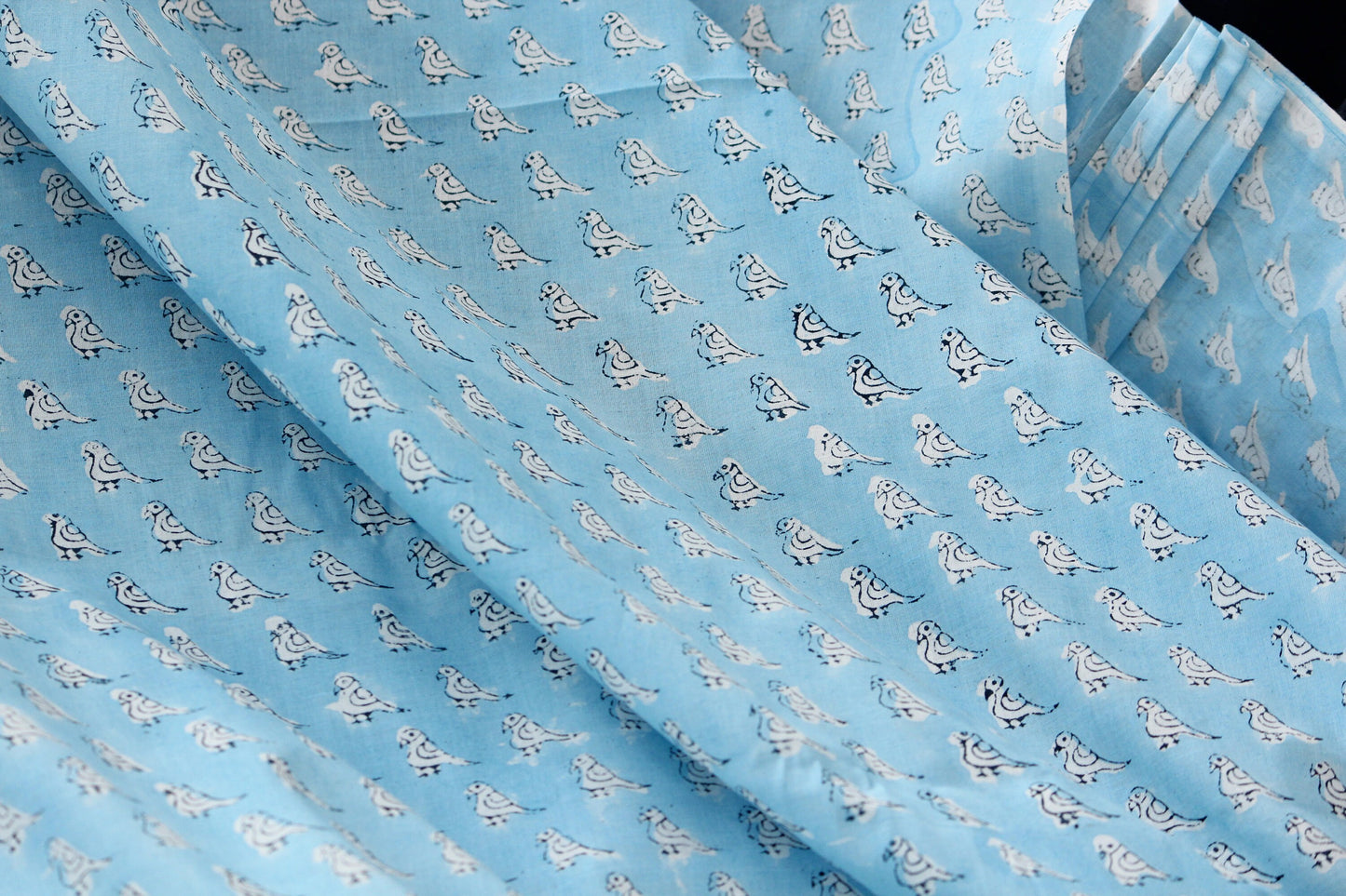 1 yard-Sky Blue bird motif hand printed cotton fabric by the yard-parrot bird ditsy print in light blue-small white bird motif print