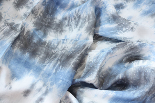 1 yard-Ice Blue and gray matte satin charmeuse- sky blue and grey tie dye effect satin fabric-abstract print white gray blue fabric