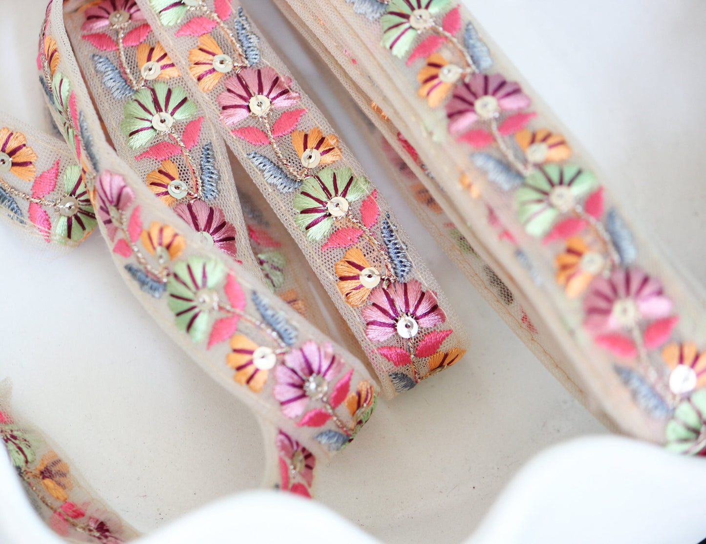 1 yard-Pink pastel green floral thread embroidery ribbon on mesh fabric-Baby pink, pastel green, orange and grey-sequin highlights