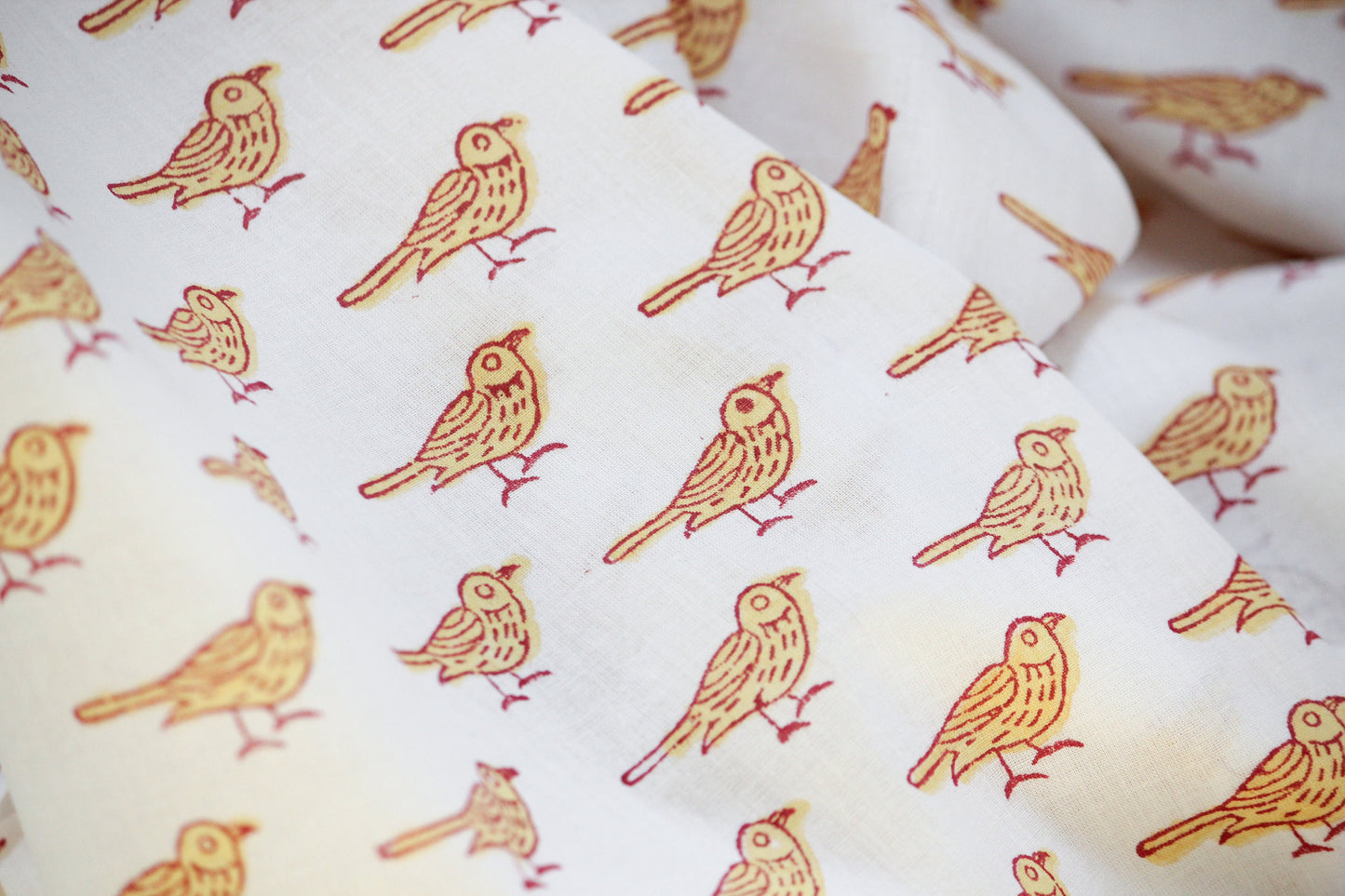 1 yard-chrome yellow bird motif hand printed cotton fabric-white sparrow bird print in off-white base-minimalistic yellow bird print
