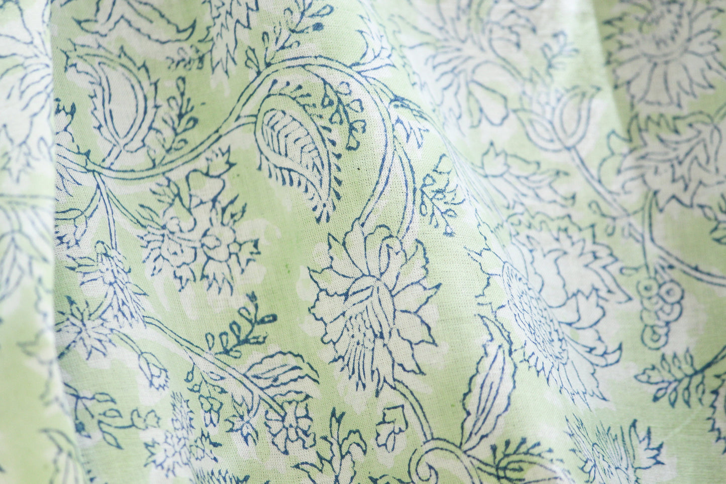 1 yard-light green floral motif hand printed cotton fabric by the yard-white floral print in light green base-delicate floral vine print