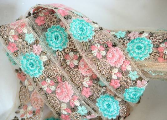 1 yard-Aqua blue, pink floral thread embroidery ribbon on mesh fabric-ribbons for bows-aqua blue, peach pink, white, gold-sequin highlights