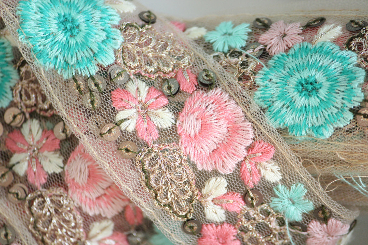 1 yard-Aqua blue, pink floral thread embroidery ribbon on mesh fabric-ribbons for bows-aqua blue, peach pink, white, gold-sequin highlights