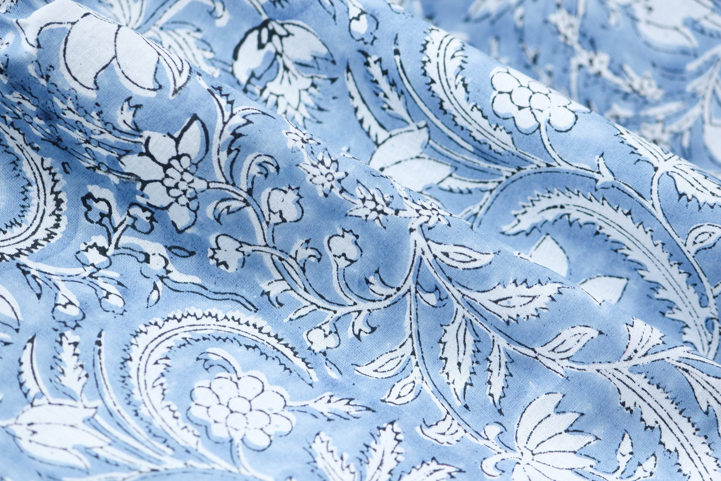 1 yard-Dusty blue floral hand printed cotton voile fabric-light blue print on white background -girls dress fabric/quilting/decor