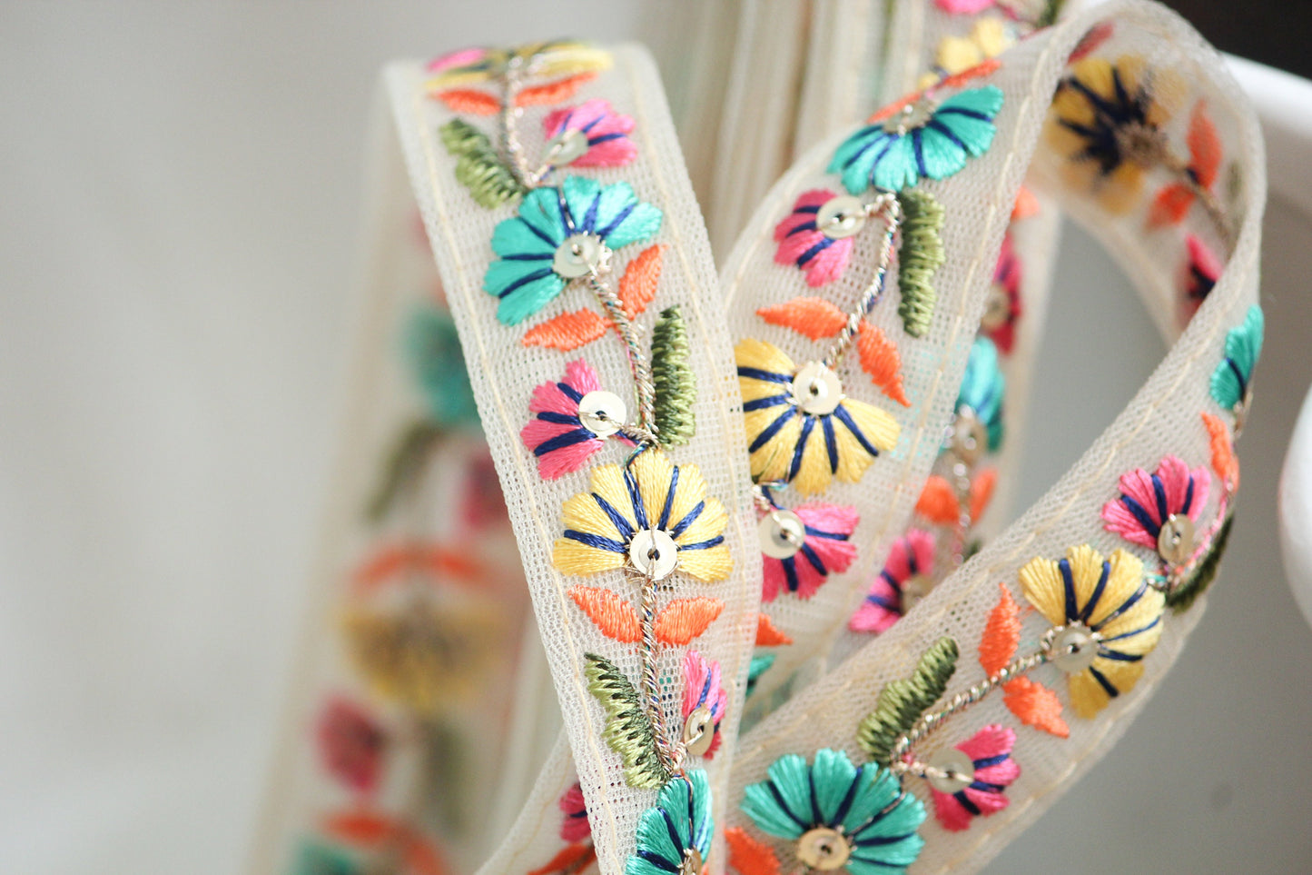 1 yard-Aqua blue and yellow floral thread embroidery ribbon on mesh fabric-Rose pink, green, orange and navy-sequin highlights