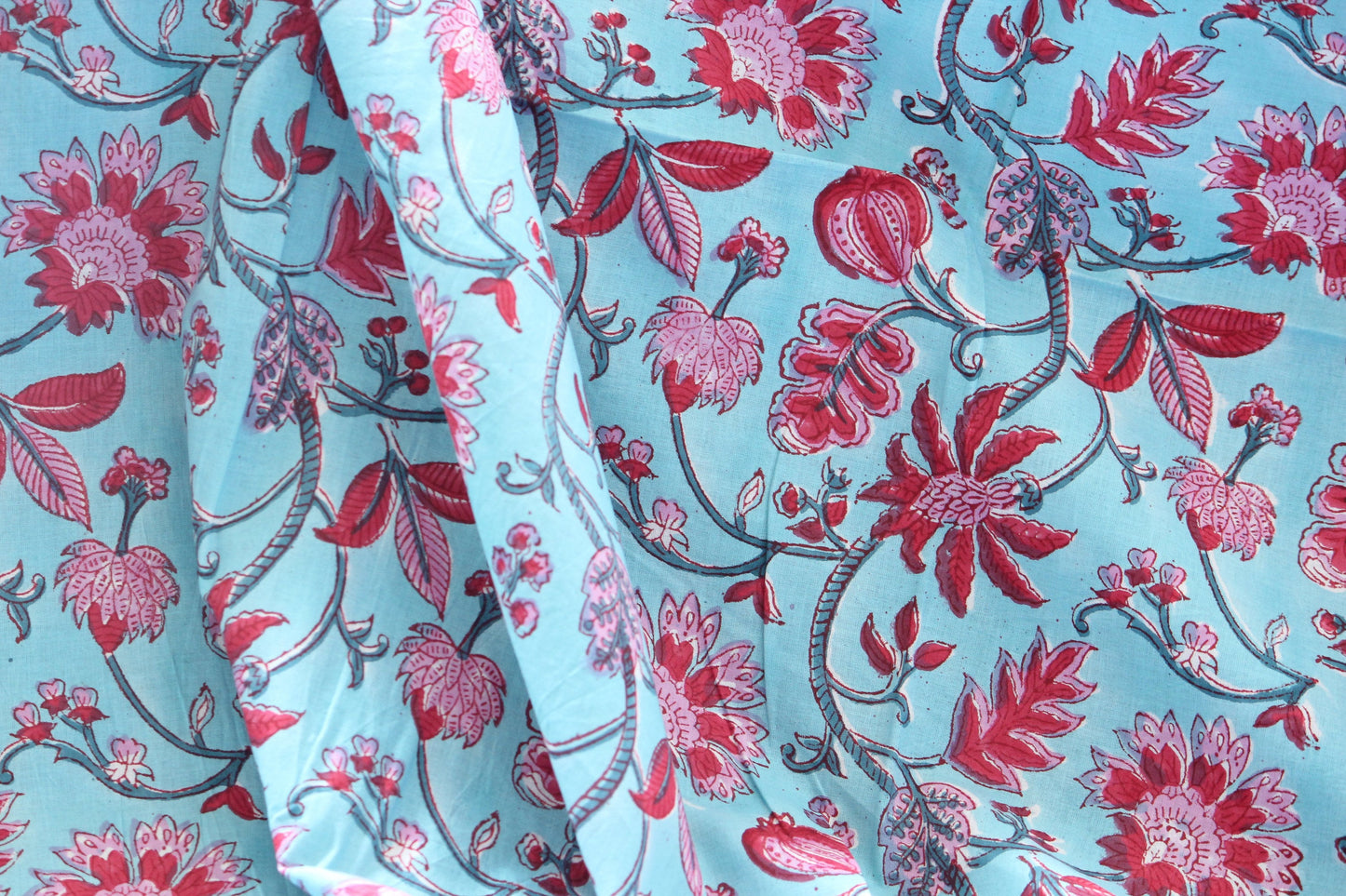 1 yard-Sea aqua blue with red and pink floral hand printed cotton fabric-bright blue fabric with red vines-girls dress fabric/quilting/decor