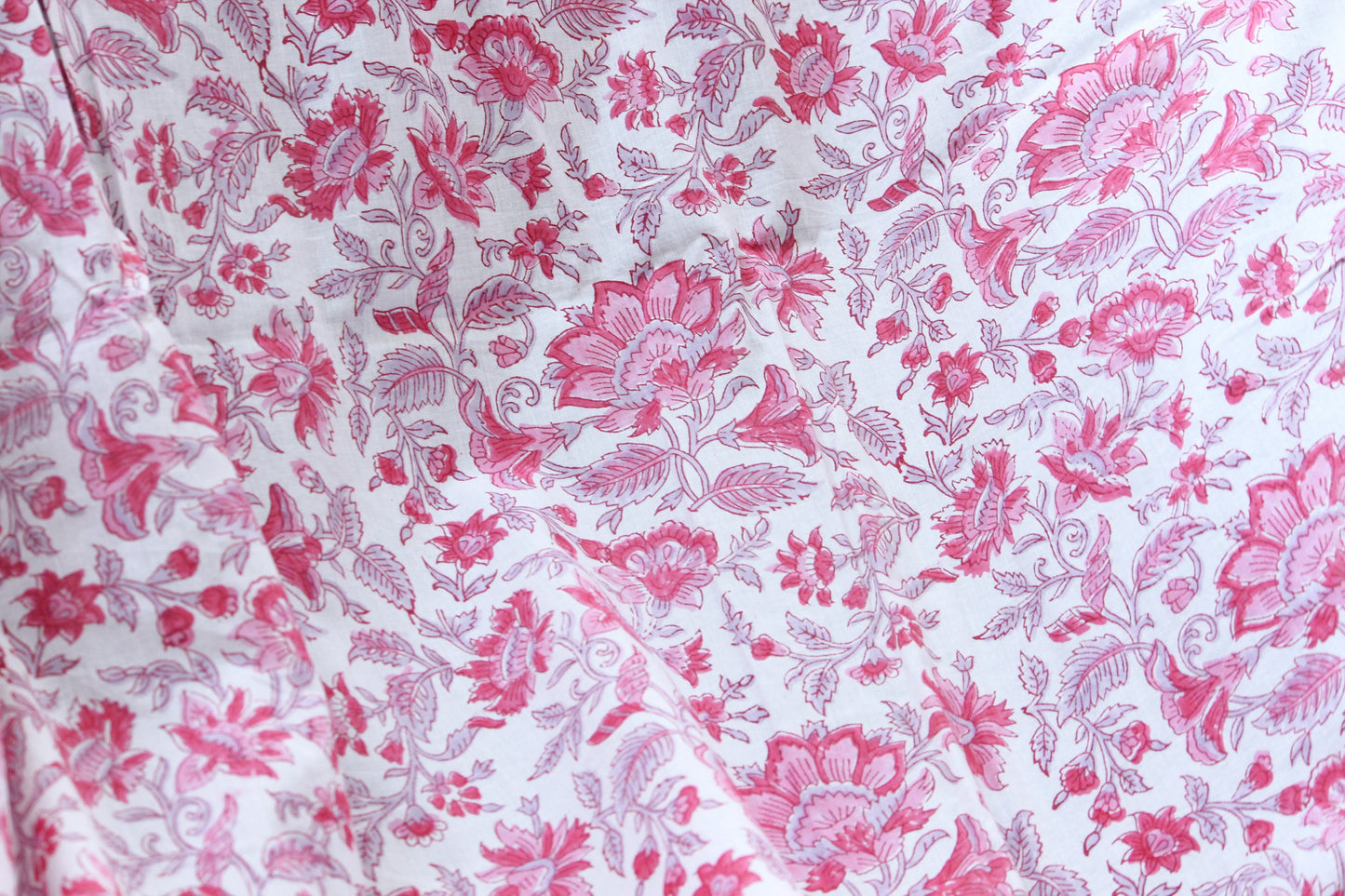 1 yard-Red and pink floral hand printed cotton fabric-Red, pink and beige floral vines -girls dress fabric/quilting/decor