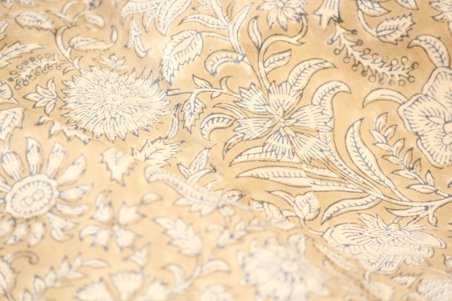 1 yard-Beige Ochre floral hand printed cotton fabric-Monotone beige yellow and white floral vines -girls dress fabric/quilting/decor