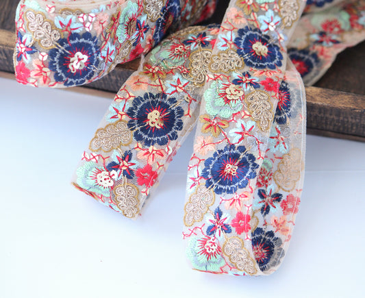 1 yard-Navy Blue floral thread embroidery ribbon on mesh fabric -light blue, aqua, red, gold thread-ribbon bow-sequin highlights