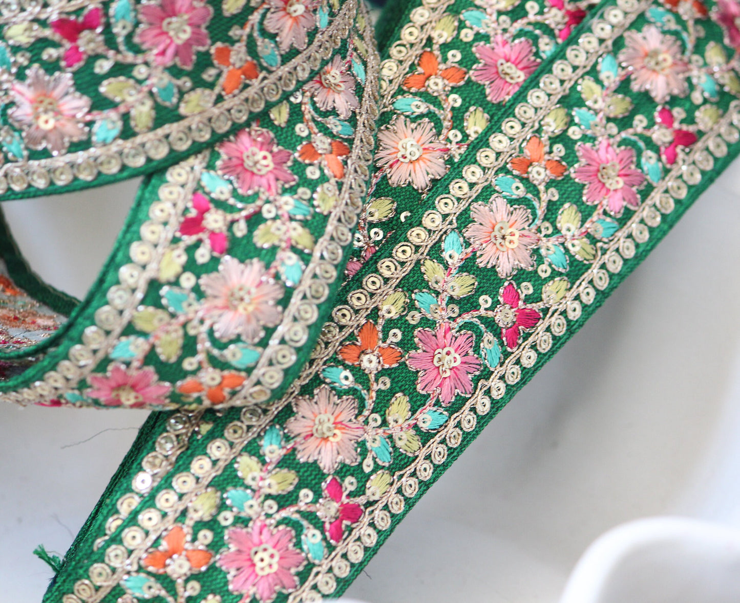 1 yard-Green floral thread embroidery ribbon on mesh fabric-Rose, baby pink, orange and aqua blue, green leaf-sequin highlights