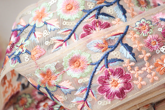 1 yard-Maroon pistachio green floral thread embroidery ribbon on mesh fabric-rose, orange and blue vines-ribbon bow-sequin highlights