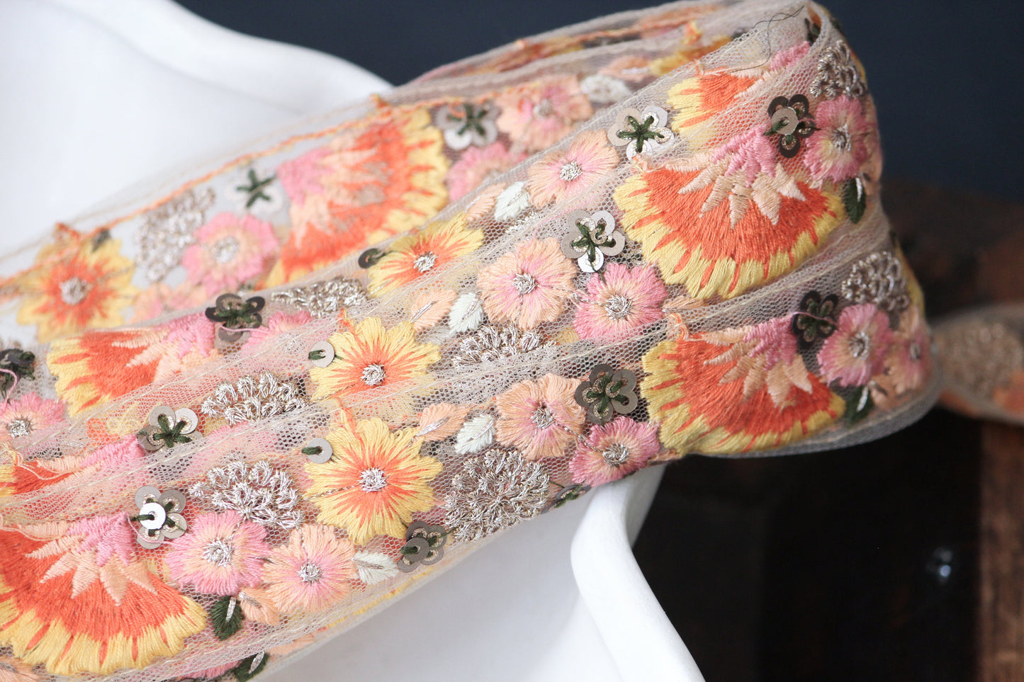 1 yard-Yellow Orange floral thread embroidery ribbon on mesh fabric-peach, baby pink and metal thread-sequin highlights