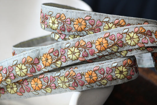 1 yard-Silver grey floral thread embroidery ribbon-Orange, lime green, dusty rose and light blue-bow-bouquet trim-sequin highlights