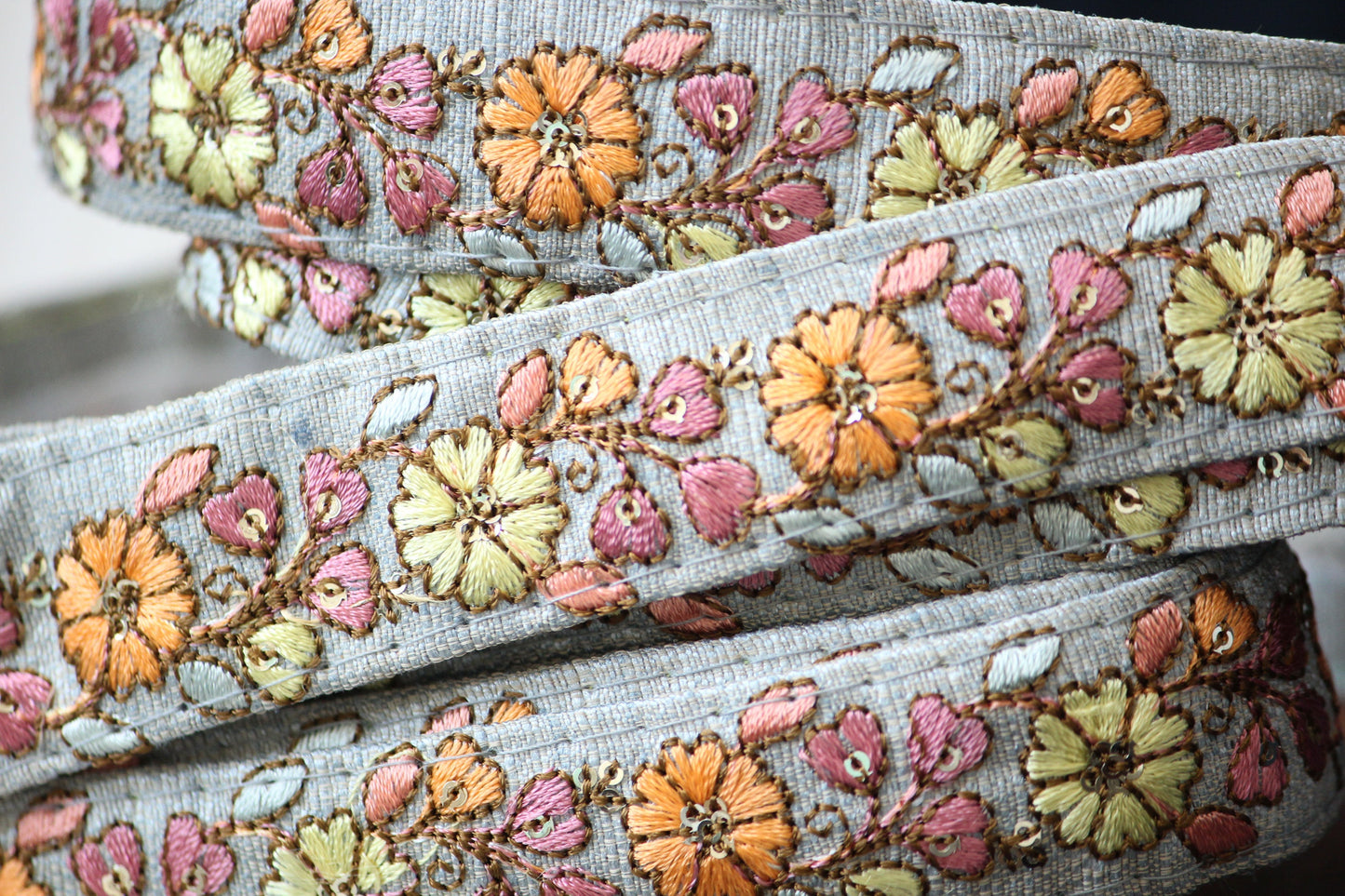 1 yard-Silver grey floral thread embroidery ribbon-Orange, lime green, dusty rose and light blue-bow-bouquet trim-sequin highlights