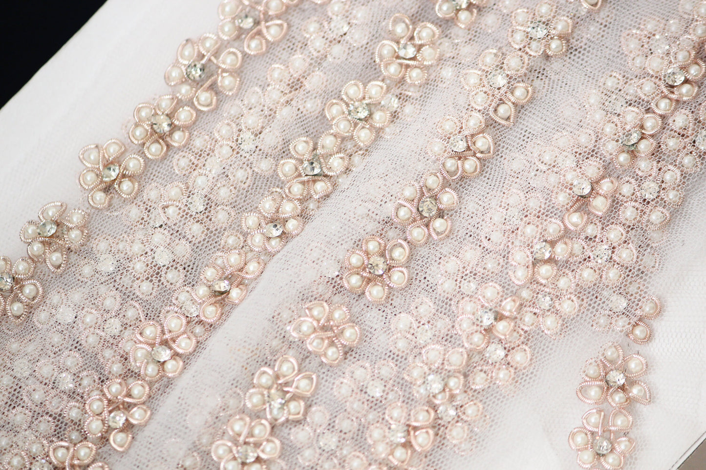 1 yard-Delicate ivory pearl beads with light gold purple yarn hand beaded ribbon on mesh -ribbon for bows- gift wrap- bridal wedding ribbon