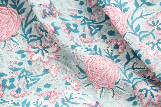 1 yard-Aqua Blue floral motif hand printed cotton fabric- peach floral print with teal leaves-fashion girls dress fabric/quilting/decor