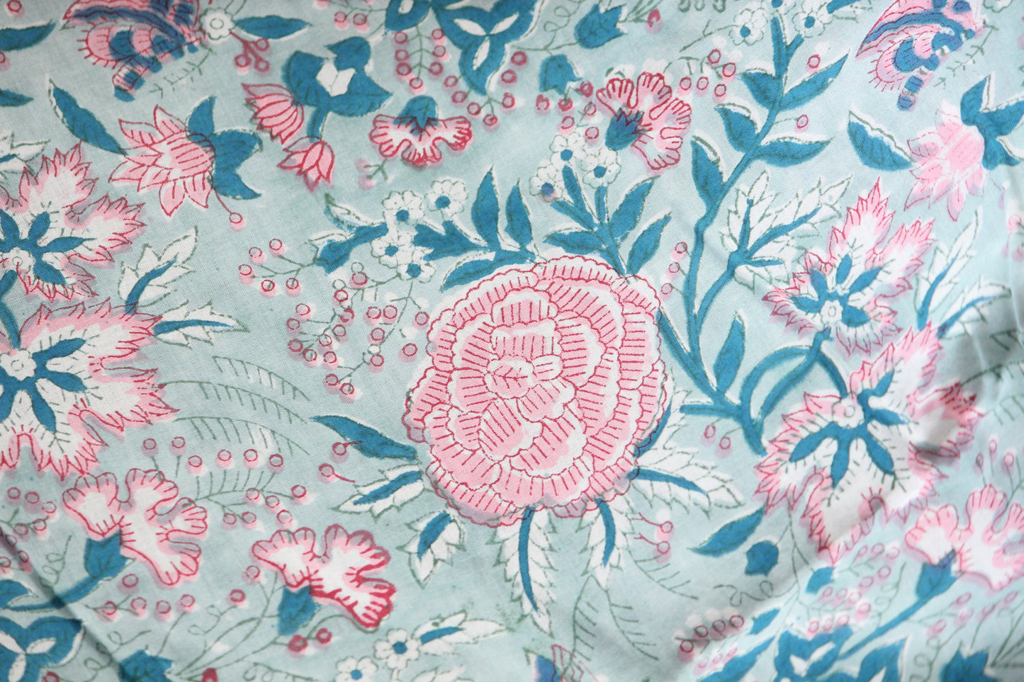 1 yard-Aqua Blue floral motif hand printed cotton fabric- peach floral print with teal leaves-fashion girls dress fabric/quilting/decor