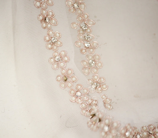 1 yard-Delicate ivory pearl beads with light gold purple yarn hand beaded ribbon on mesh -ribbon for bows- gift wrap- bridal wedding ribbon