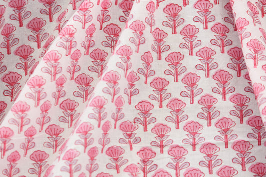 1 yard-Rose pink floral motif hand printed cotton fabric-Rose pink floral print with green leaves-girls dress fabric/quilting/decor