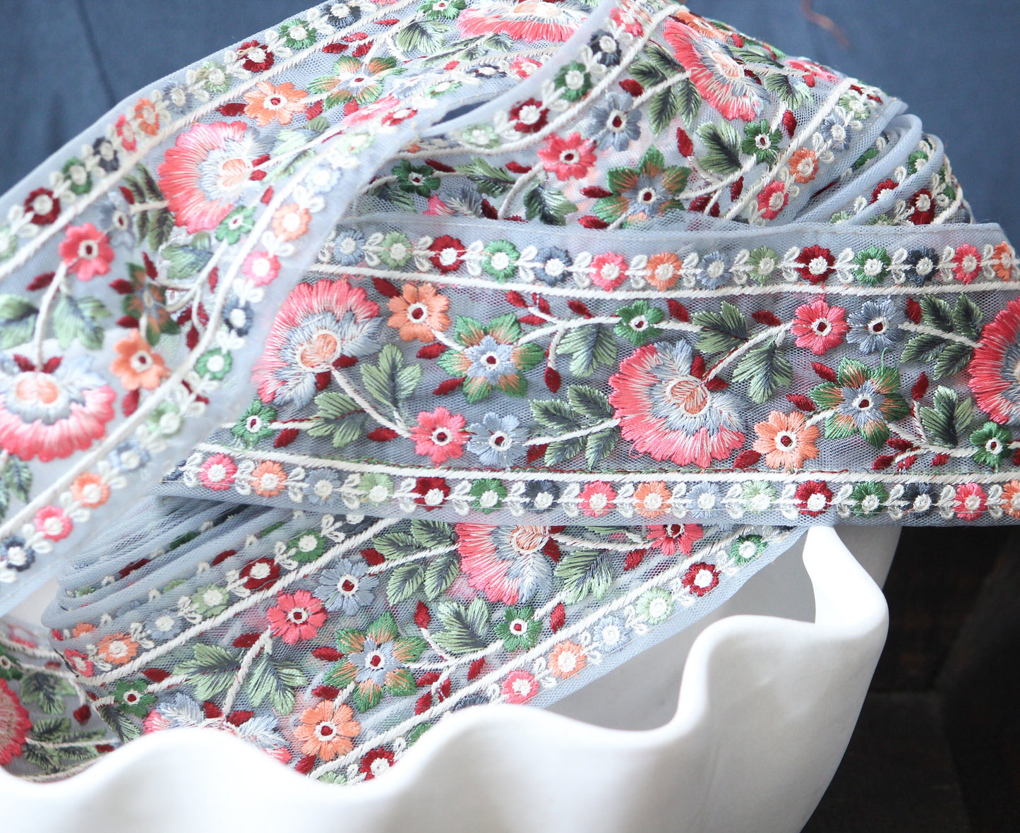 1 yard-Pastel floral thread embroidery extra wide ribbon on grey mesh fabric-rose pink, orange, green and blue thread embroidery