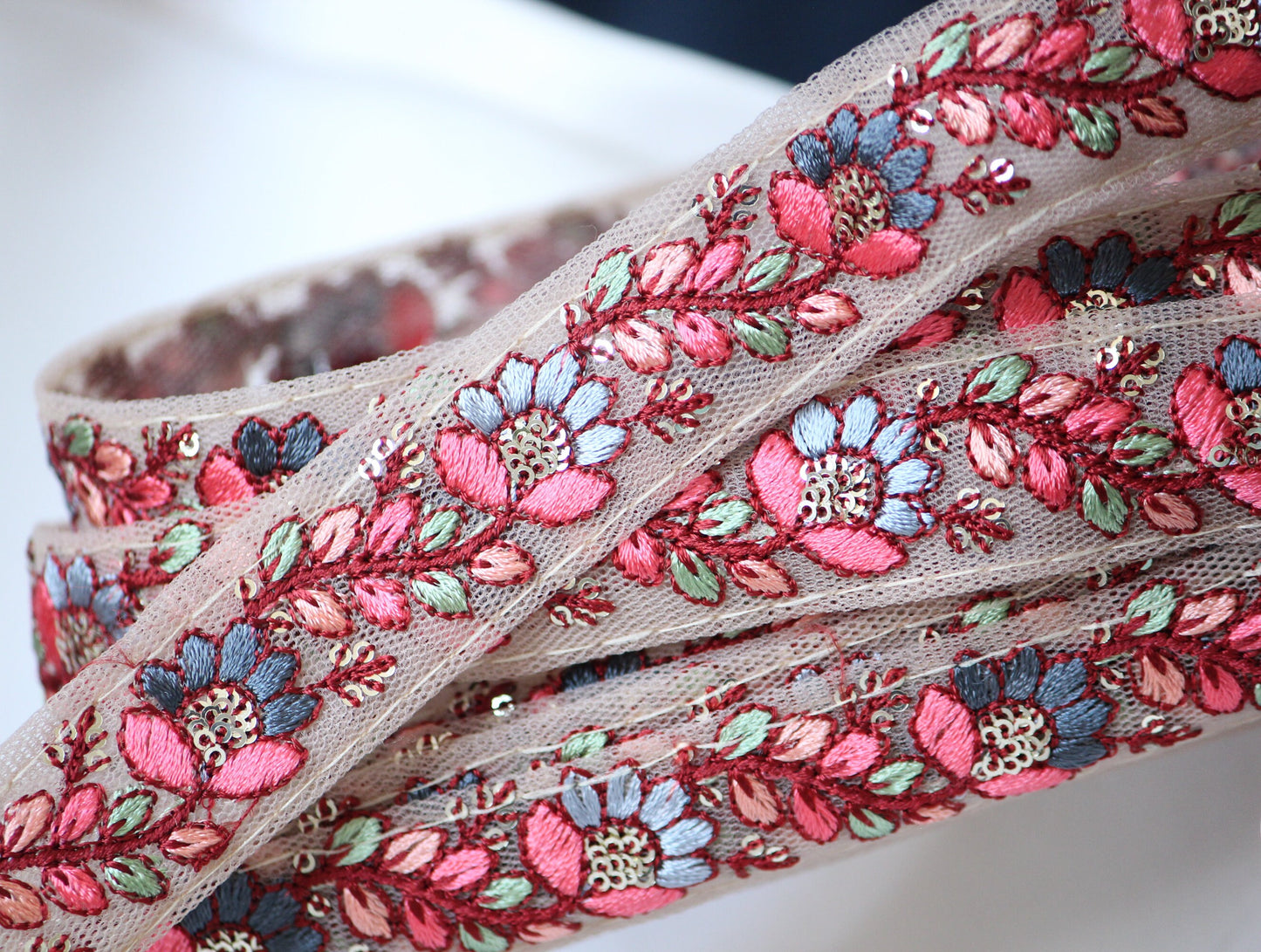 1 yard- Rose pink floral thread embroidery extra wide ribbon on nude mesh fabric-sky blue, pastel green and orange thread embroidery/sequin