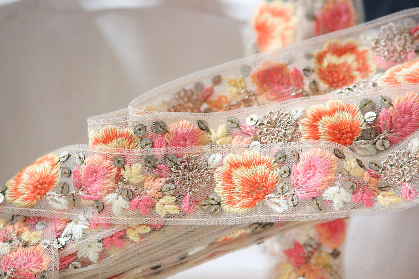 1 yard-Yellow and peach pink floral thread embroidery ribbon on mesh fabric-Orange, gold thread embroidery- sequin highlight/ribbons for bow