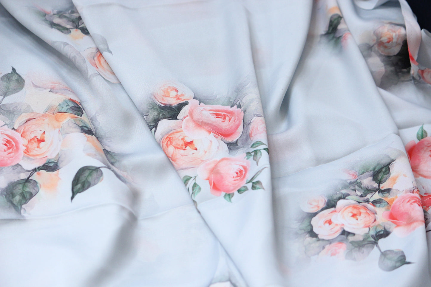 1 yard-Light grey/blue tint with orange water color rose print satin charmeuse- grey leaf and stunning rose satin fabric-best seller