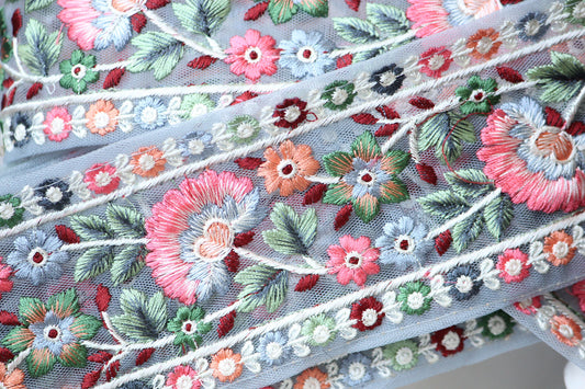 1 yard-Pastel floral thread embroidery extra wide ribbon on grey mesh fabric-rose pink, orange, green and blue thread embroidery