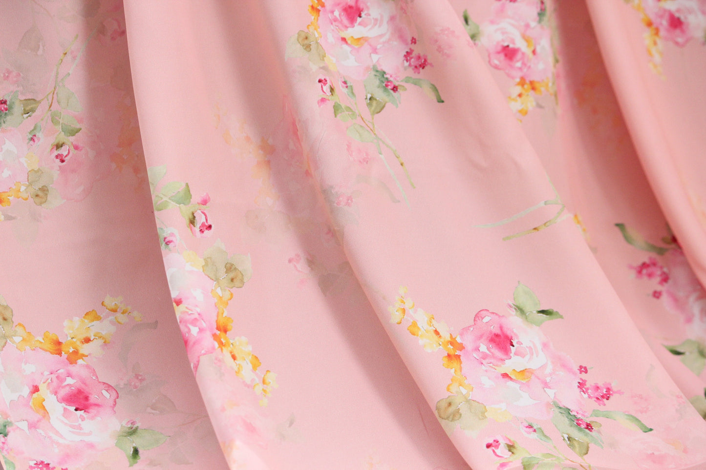 1 yard-peach pink luxurious satin charmeuse fabric by the yard-pastel watercolor look roses printed satin fabric-lingerie fabric-floral